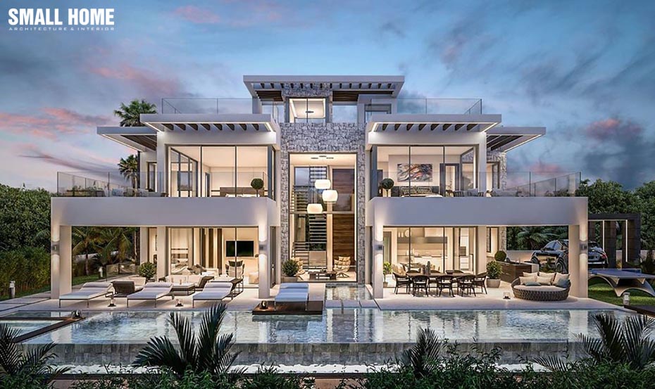 Mẫu thiết kế biệt thự bể bơi trước nhà sẽ giúp gia chủ có được nhiều tài lộc