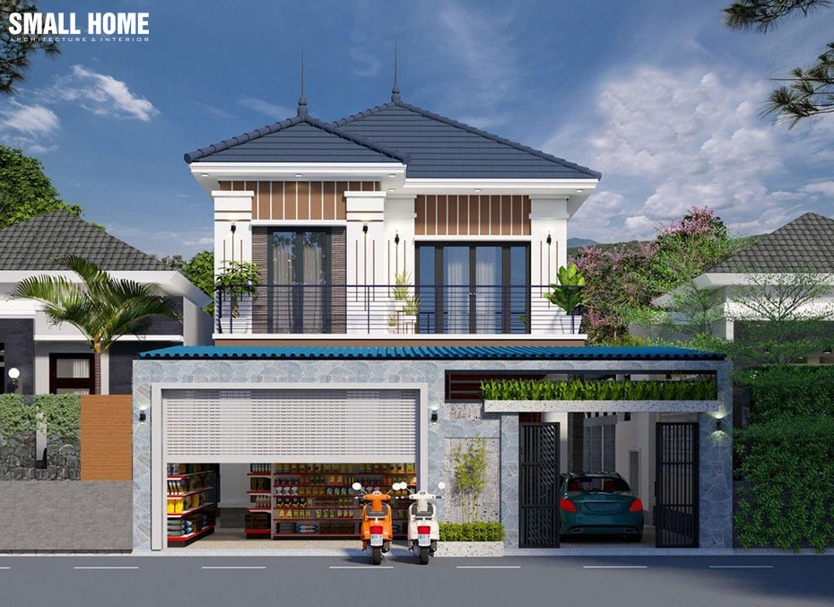 nhà 2 tầng mái ngói xanh 9m x 12m