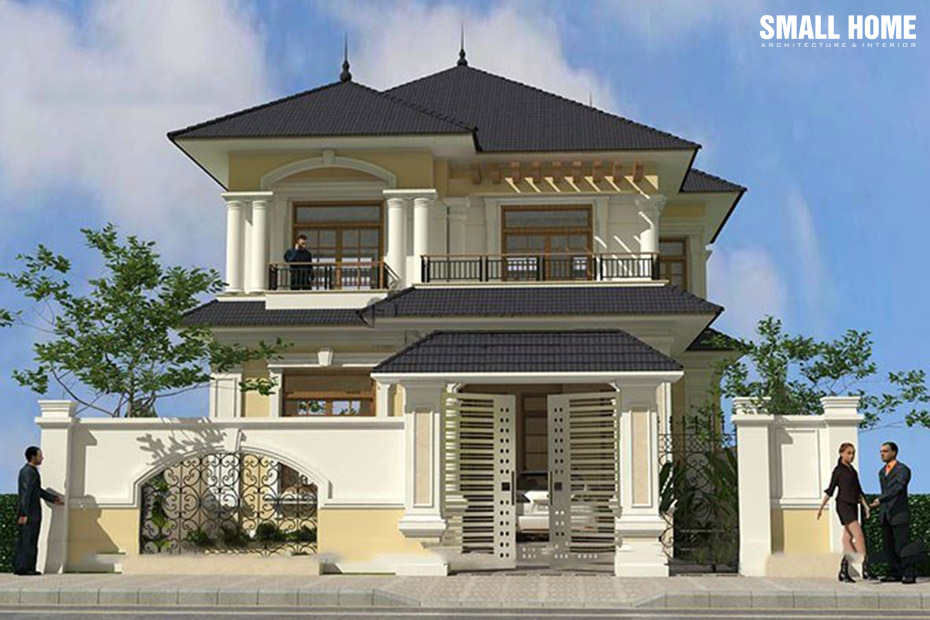 Phối cảnh mẫu nhà 2 tầng mái nhật xanh 9m x 12m