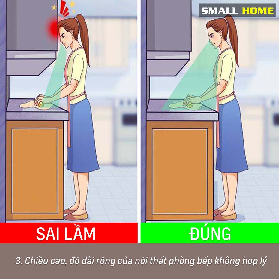 chiều cao , độ dài rộng của bếp không hợp lý