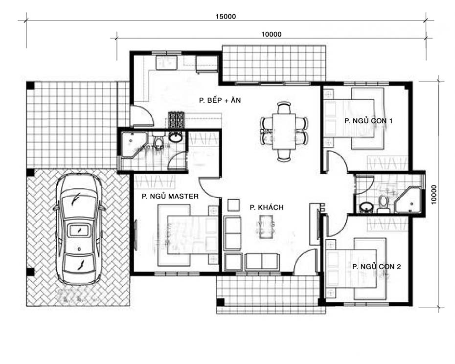Mặt bằng công năng sử dụng mẫu nhà vườn cấp 4 mái thái hiện đại