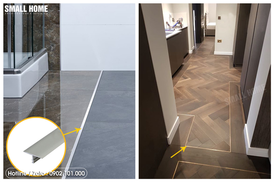 Nẹp T nhôm tạo đường chỉ trang trí trên sàn