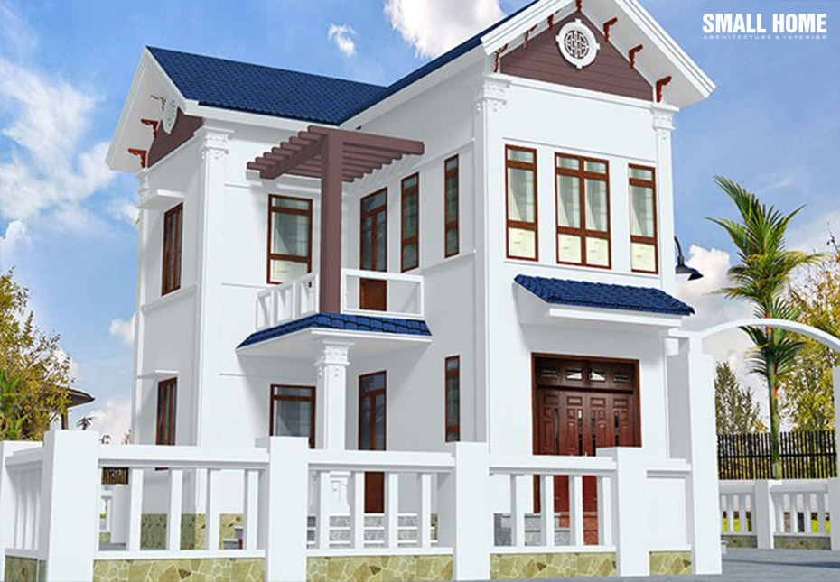 Nhà 2 tầng kết hợp gam màu trắng, xanh và nâu để tạo nên vẻ đẹp sang trọng mà tinh tế