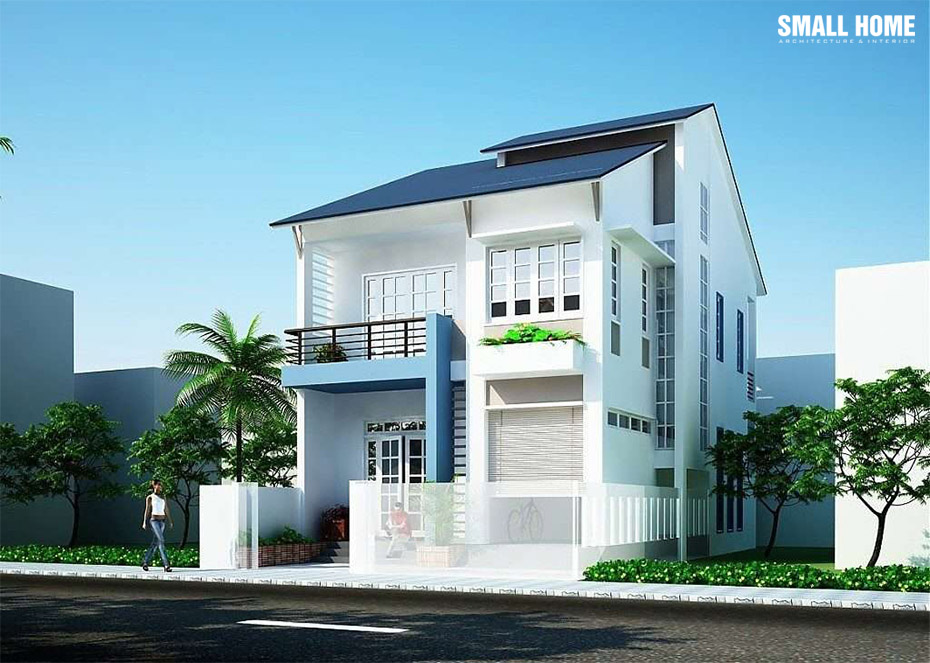 Sơn nhà màu xanh - trắng kết hợp khiến ngôi nhà 2 tầng trông vô cùng hiện đại