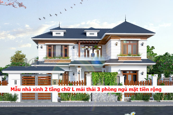 Mẫu nhà xinh 2 tầng chữ L mái thái 3 phòng ngủ mặt tiền rộng | Mẫu thiết kế biệt thự đẹp