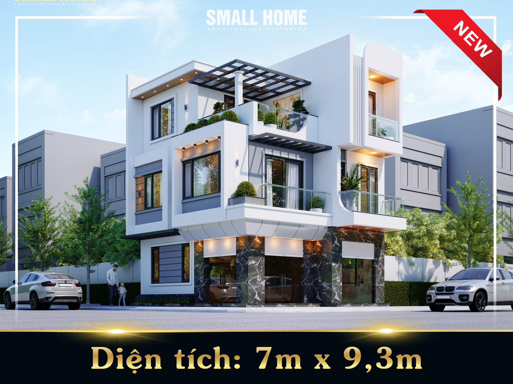 Mẫu thiết kế nhà phố 3 tầng 2 mặt tiền phong cách Hiện đại