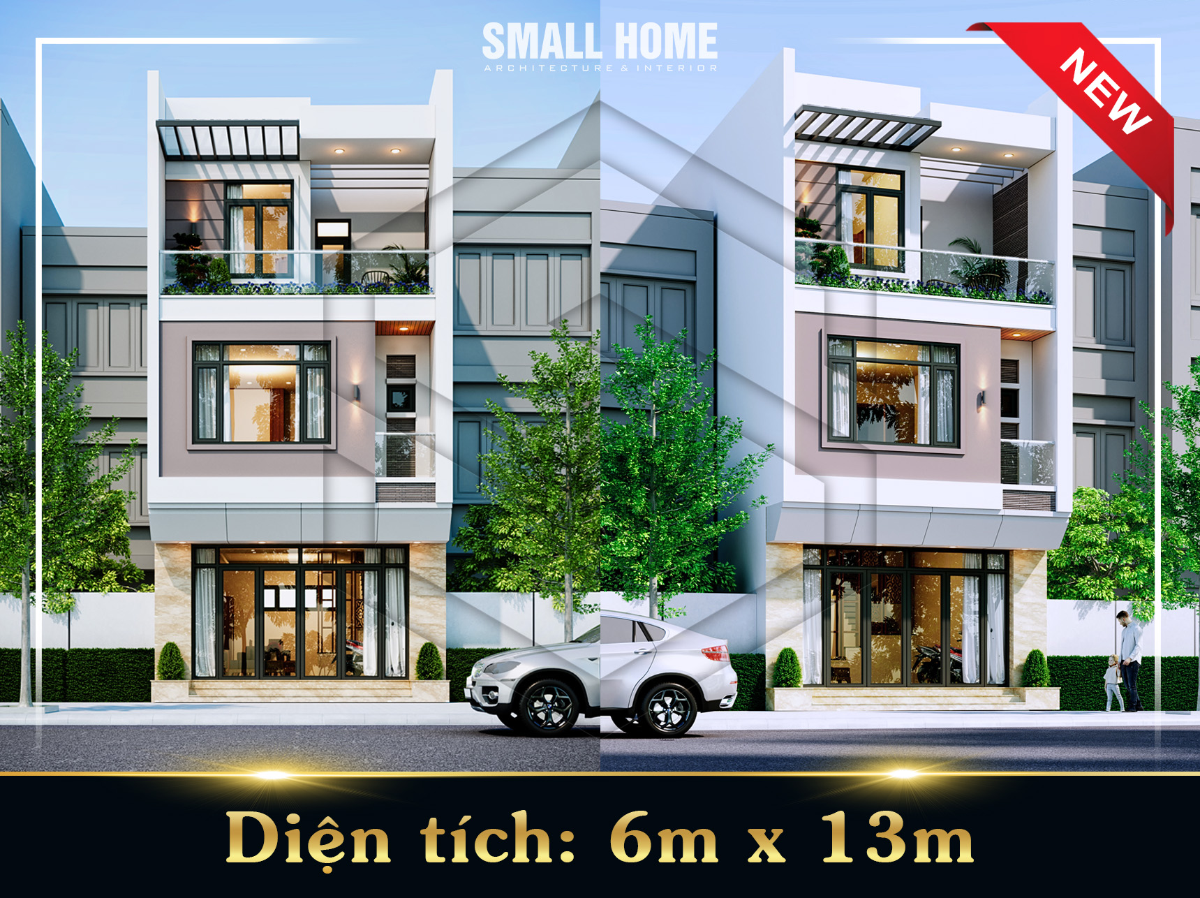 Mẫu thiết kế nhà phố 3 tầng hiện đại có mái che mặt tiền 6m