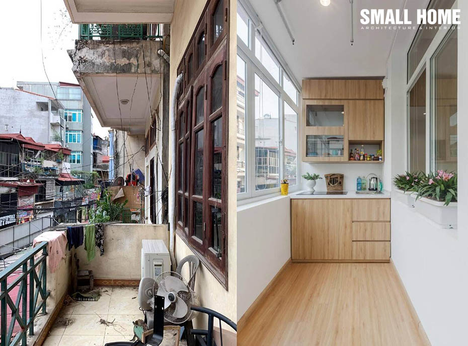 Một ví dụ về ban công chật hẹp được cơi nới trở thành góc bếp xinh xắn