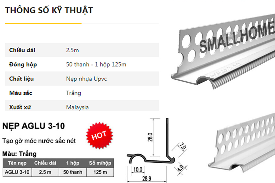 Quy cách sản phẩm nẹp chỉ ngắt nước AGLU3-10