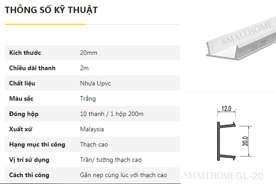 Thông số kĩ thuật nẹp ron âm trần thạch cao GL-20