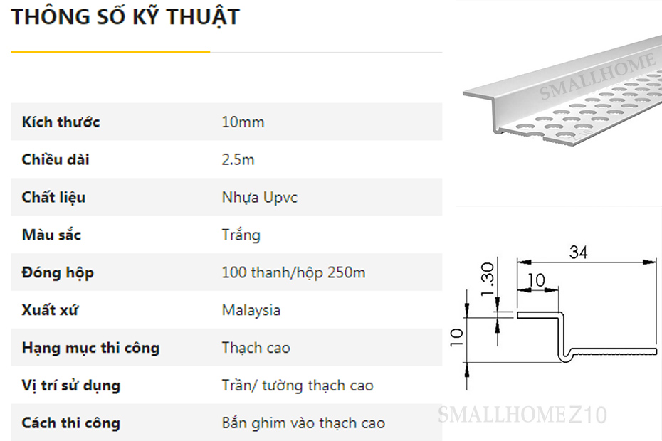 thông số kĩ thuật nẹp trần thạch cao Z10