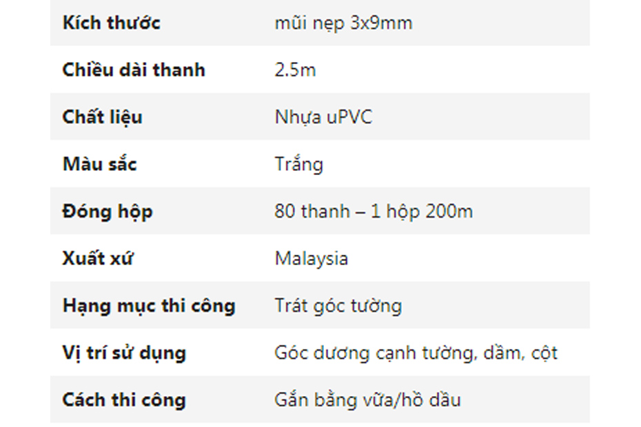 thông số Nẹp góc trát tường nhựa AW3-10S
