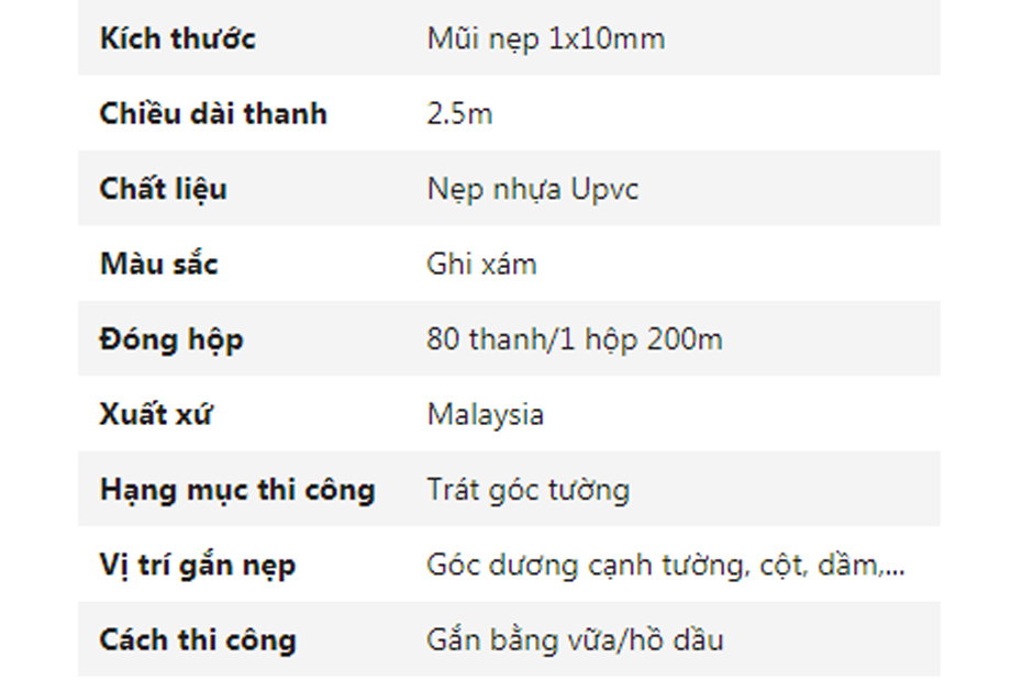 thông số Nẹp góc trát tường nhựa SA2-10 (mũi nhọn)
