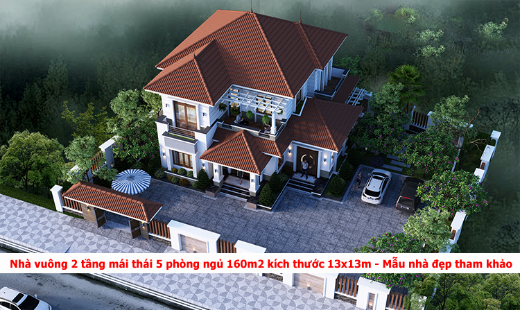 Nhà vuông 2 tầng mái thái 5 phòng ngủ 160m2 kích thước 13x13m - 1