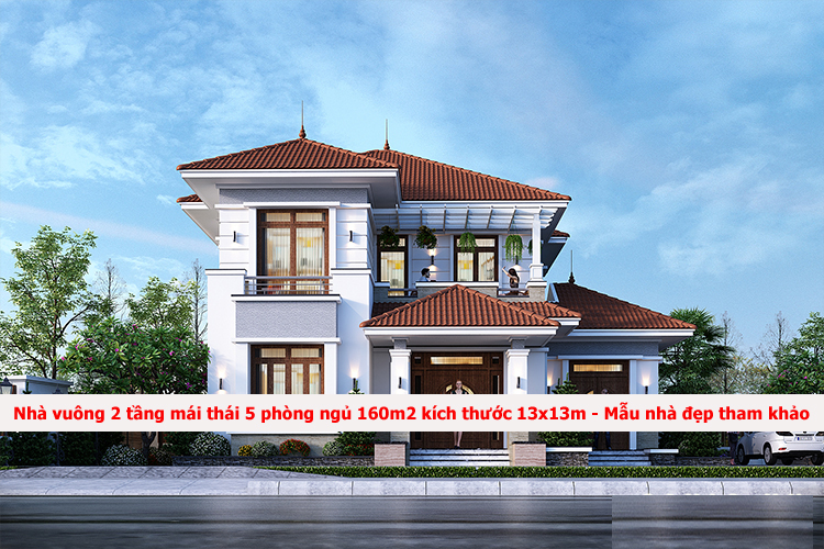 Nhà vuông 2 tầng mái thái 5 phòng ngủ 160m2 kích thước 13x13m - 3
