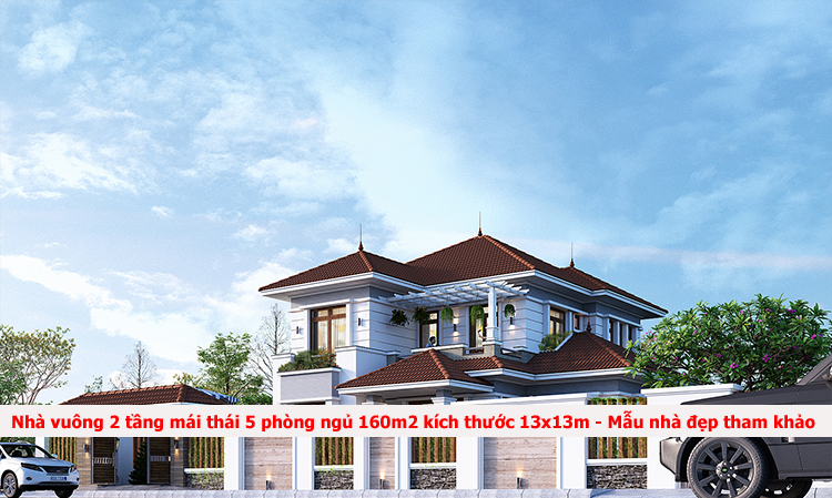 Nhà vuông 2 tầng mái thái 5 phòng ngủ 160m2 kích thước 13x13m - 4