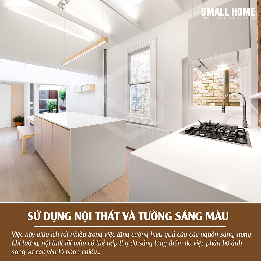 sử dụng nội thất và tường sáng màu