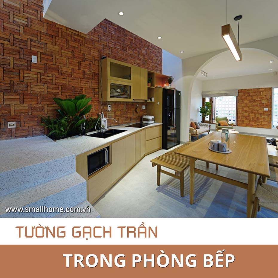 tường gạch trần trong phòng bếp và phòng ăn
