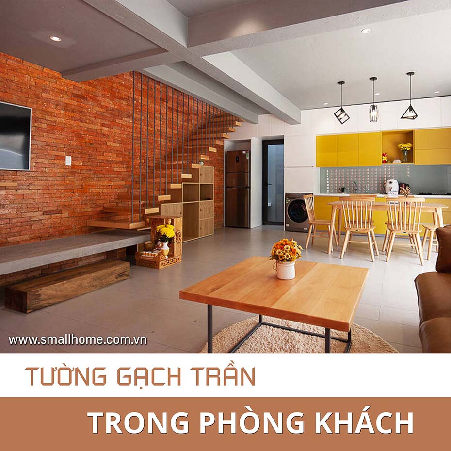 tường gạch trần trong phòng khách