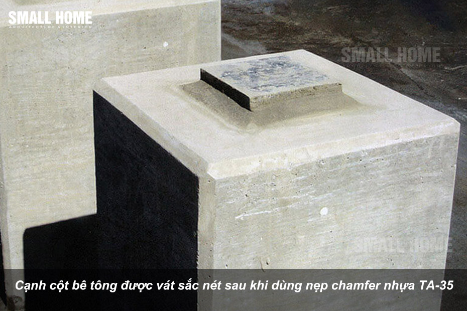 Cạnh cột bê tông được vát sắc nét sau khi dùng nẹp chamfer nhựa TA-35
