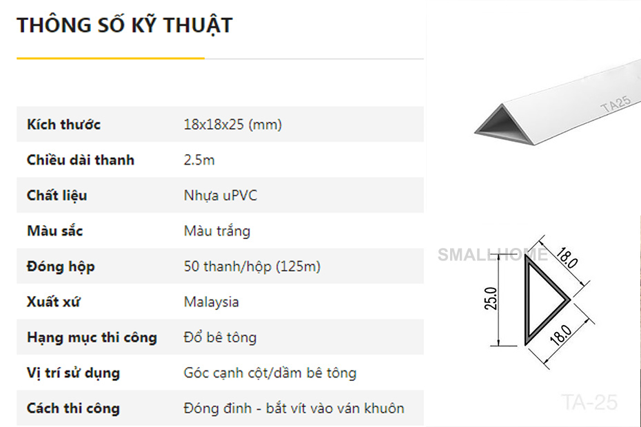 Thông số kĩ thuật Nẹp nhựa vát góc 25mm màu trắng-1