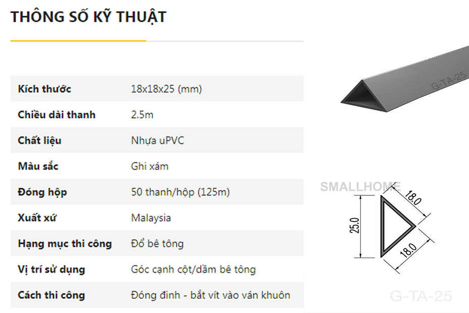 Thông số kĩ thuật Nẹp nhựa vát góc 25mm