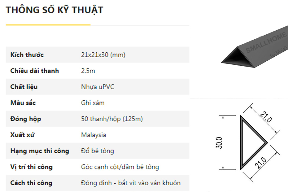 thông số kĩ thuật Nẹp nhựa vát góc 30mm G-TA-30, ghi xám