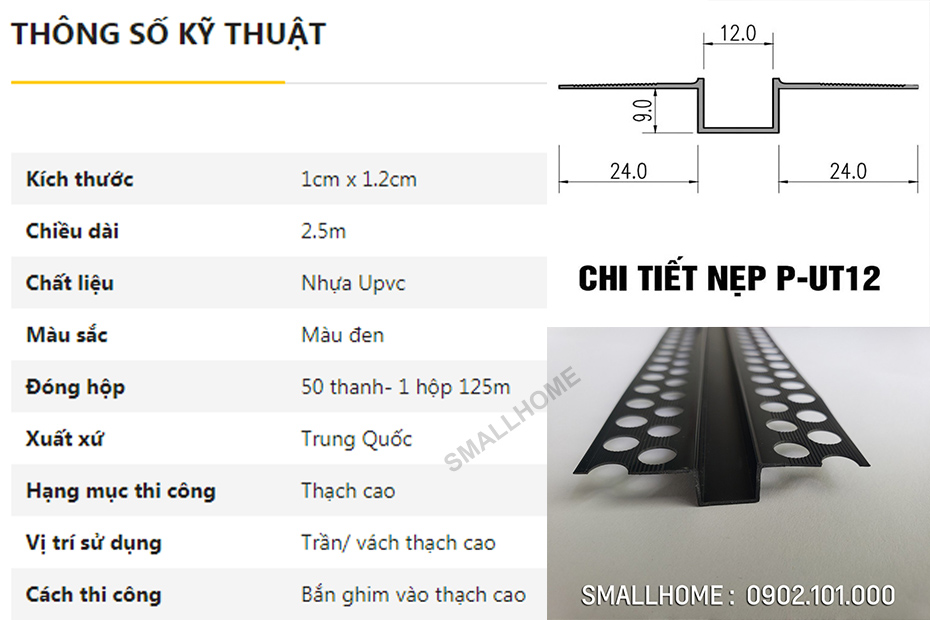 thông số kĩ thuật Nẹp ron âm trần thạch cao P-UT12 màu đen