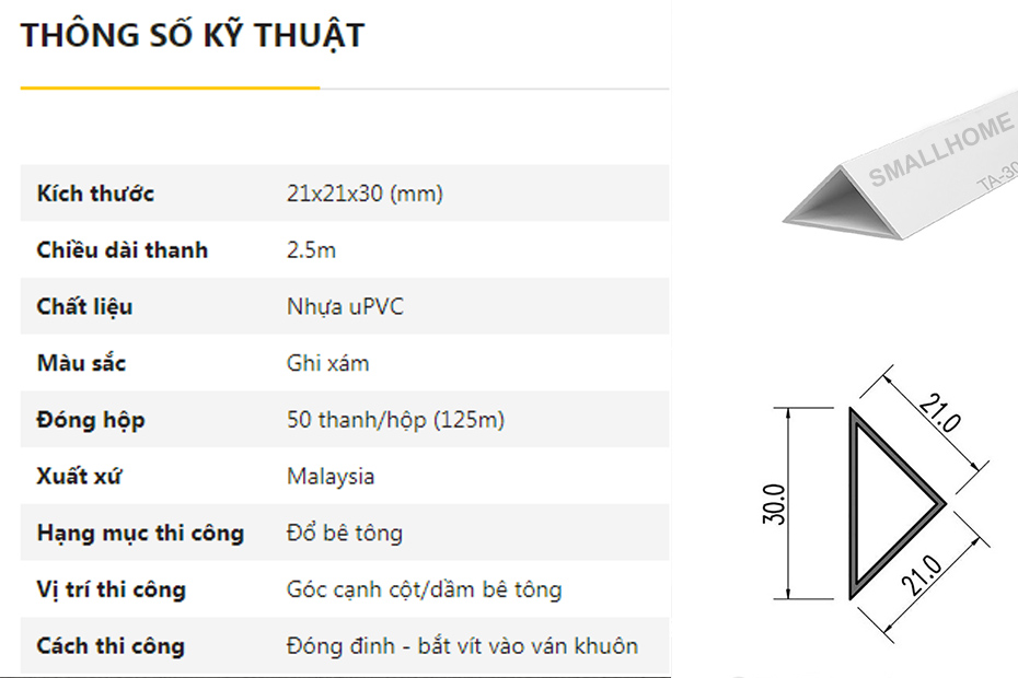thông số Nẹp nhựa vát góc 30mm TA-30, trắng