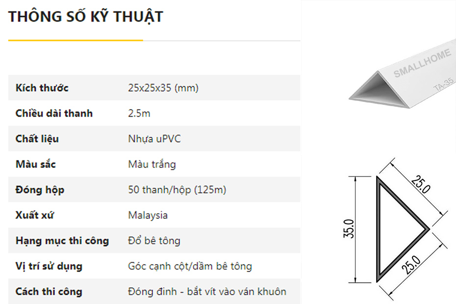 thông số Nẹp nhựa vát góc 35mm TA-35, trắng