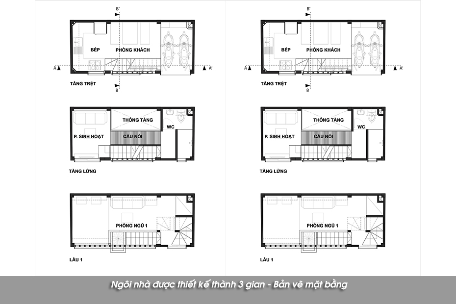 Ngôi nhà được thiết kế thành 3 gian - Bản vẽ mặt bằng