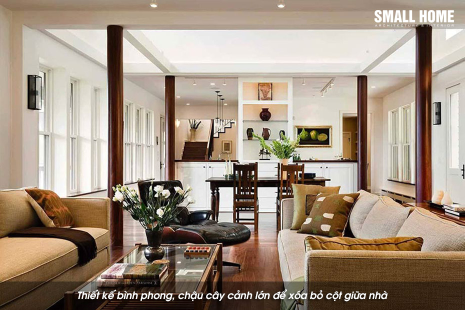 Thiết kế bình phong, chậu cây cảnh lớn để xóa bỏ cột giữa nhà